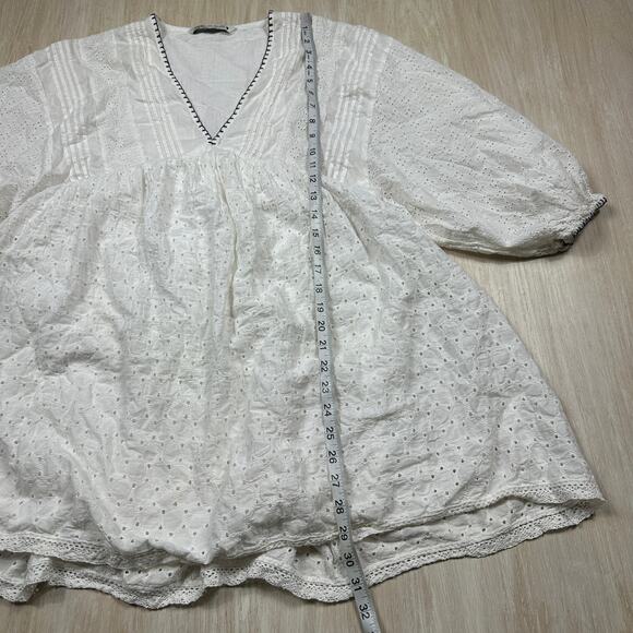 Zara White Eyelet Embroidered Puff Sleeve Boho Peasant Mini Dress Top Medium - Picture 7 of 12